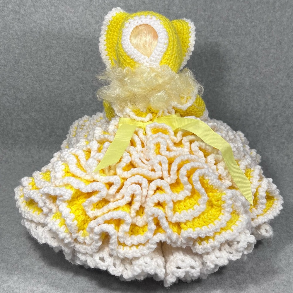 Vintage Bed Doll 13”‎ Handmade Crochet Yellow White Dress Bonnet Sleepy Eyes - Picture 7 of 16